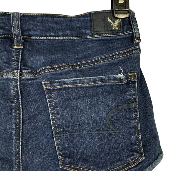 American Eagle SZ 6 Hi-Rise Shortie Jean Shorts Stretch Frayed Hems Zip-Fly Blue - Picture 4 of 7